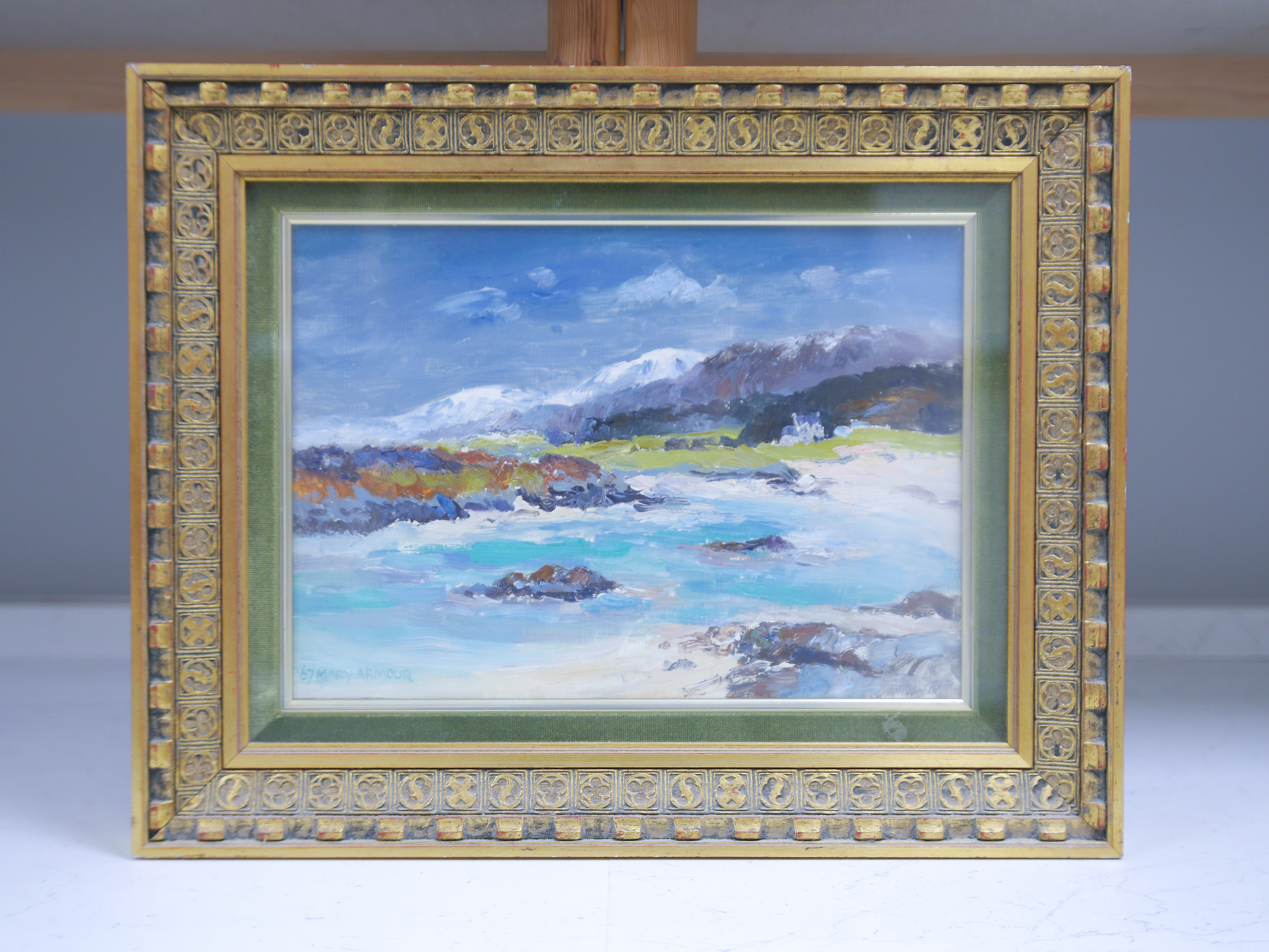 Mary Armour RSA, RSW (Scottish, 1902-2000), oil on board, 'The Coolins from Arisaig', label verso, signed and dated '67, 25 x 33cm, housed in a gilt frame. Condition - good